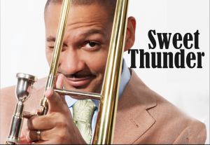 Man holding a trombone and the words Sweet Thunder