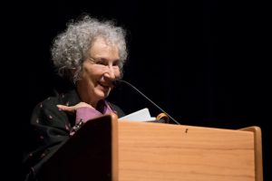 Author Margaret Atwood speaking in Morgan Hall auditorium