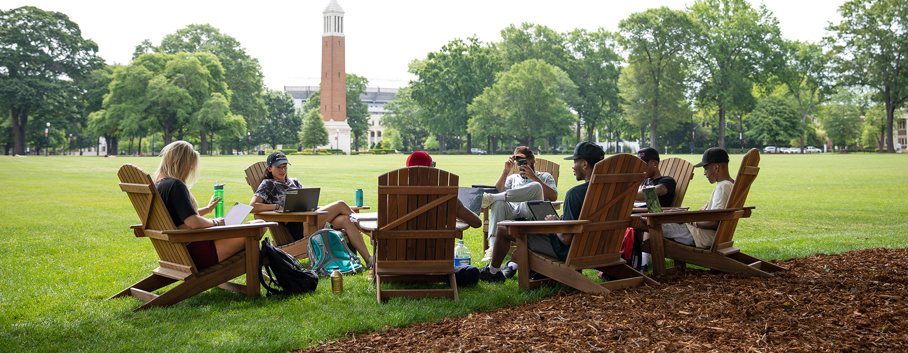 a group of students studying and talking on the UA Quad